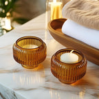Kate Aspen Amber Taper Candle Holders for Candlesticks Set of 4 - Fluted Candlestick Holders for Fall Decor, Home Decor, Votive Candle Holder Decor, Tea Light Holder, Centerpiece Table Decorations