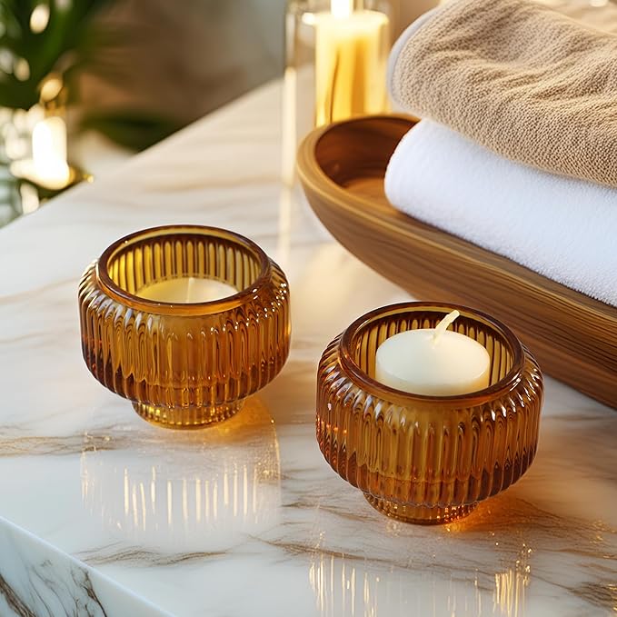 Kate Aspen Amber Taper Candle Holders for Candlesticks Set of 4 - Fluted Candlestick Holders for Fall Decor, Home Decor, Votive Candle Holder Decor, Tea Light Holder, Centerpiece Table Decorations