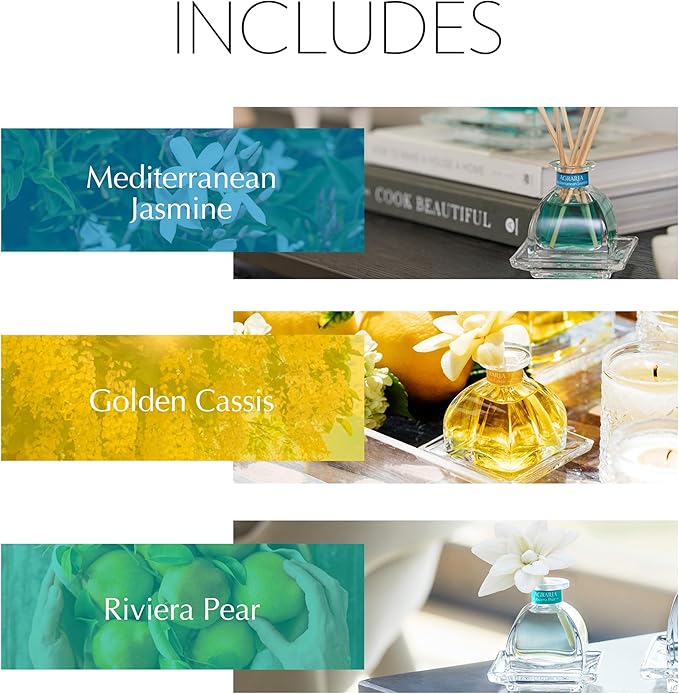 AGRARIA at The Beach PetiteEssence Collection, Handmade Sola Flower Reed Diffuser Set of 3, Luxury Home Fragrance Scented Oil Diffuser Gift Set