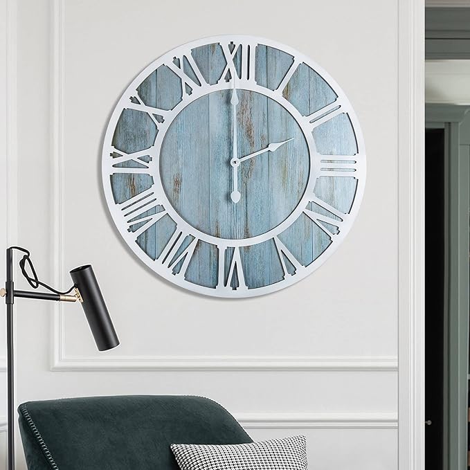 1st owned Wall Clocks for Living Room Decor,24" Vintage,Round Silent Non Ticking,Black Metal,Modern Wood Clocks for Home Bedroom,Kitchen,Garden,Office,Cafe,Modern Wall Decoration -Roman Numerals