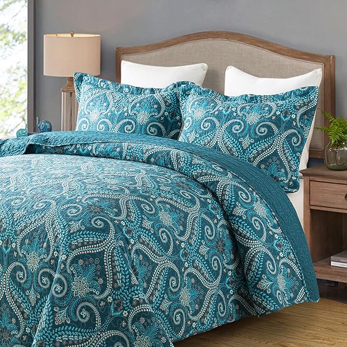 Travan 3-Piece Cotton Quilt Set Quilted Bedding Set for All Season, Cyan Blue Flower, King Size