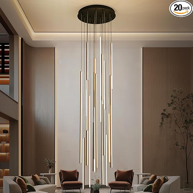 138" Modern LED Chandelier, Clustered Led Pendant Light, 20-Lights Dimmable High Ceiling Large Hanging Lighting Fixture for Loft Villa Living Room Stairs Foyer (Black-110W-20 Lights)