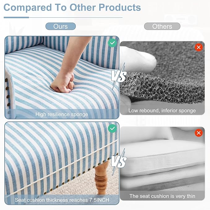 HUIMO Linen Fabric Accent Chairs Set of 2, Mid-Century Modern Armchair with Solid Wood Legs, Single Sofa Chair,Upholstered Reading Club Chair (2, Blue and White Stripe)