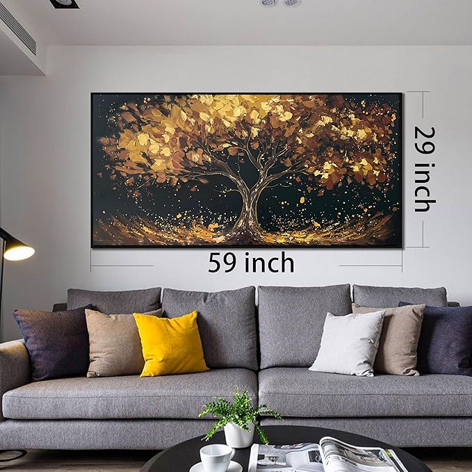 Tree Painting Wall Art for Office - Hand Painted Gold and Black Canvas Wall Art for Living Room - Black Framed Wall Art for Bedroom Size 29" x 59"