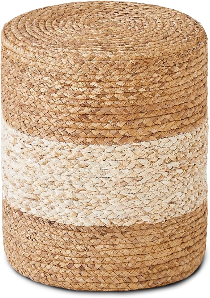 Wimarsbon Foot Stool Ottoman Round Natural Seagrass Footrest Stool Hand-Woven Boho Pouf Ottomans Home Decor Footstool Extra Seating for Living Room Bedroom Entryway White