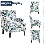 Accent Chair, Modern Comfy Mid-Century Anthropologie Accent Chairs, Linen Upholstered Wingback Lounge Arm Chair with Solid Wood,Single Floral Pattern Chair for Living Room/Balcony/Bedroom