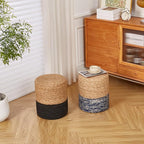 Wimarsbon Natural Seagrass Foot Stool, Hand Weaving Round Ottoman, for Living Room, Outdoor Seat (Natural & Blue)