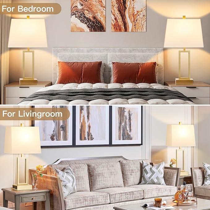 23.5" Touch Control Table Lamps, Metal Bedside Lamp for Bedroom Set of 2 with USB A+C Ports & AC Outlet, 3-Way Dimmable Nightstand Lamp for Living Room (LED Bulb Included)