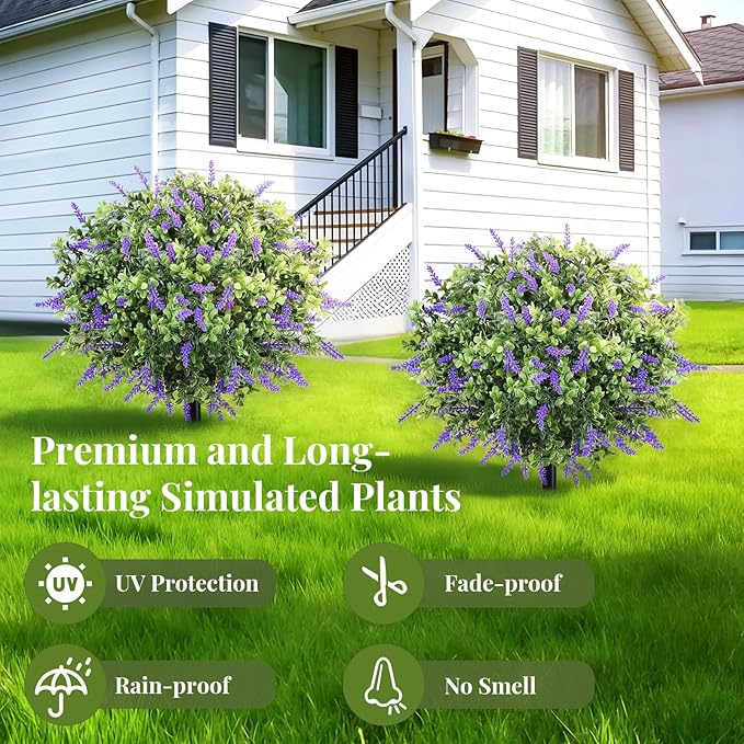 Lewondr Artificial Lavender Boxwood Topiary Ball with LED Lights, 23.6'' Artificial Shrub Bushes with Ground Spike, UV Resistant Faux Greenery Shrubs, Fake Plants for Indoor Outdoor Garden Patio Decor