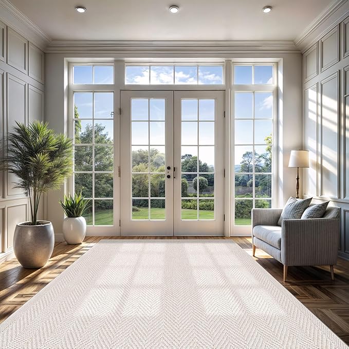 CAMILSON Easy Jute Rug 10x14, Indoor Outdoor Off-White Color Fiber Area Rugs for Living Room and Patio Rug Herringbone Boho Woven Design Easy-Cleaning Washable Outside Carpet Alfombras 10 x 14