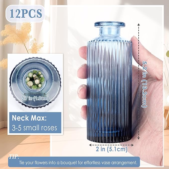 Navy Blue Glass Bud Vases Set of 12, Mini Ribbed Flower Vase for Centerpieces, Small Glass Vases in Bulk for Wedding Decorations, Vintage Vase for Table, Recepetion, Graduation, Home Décor