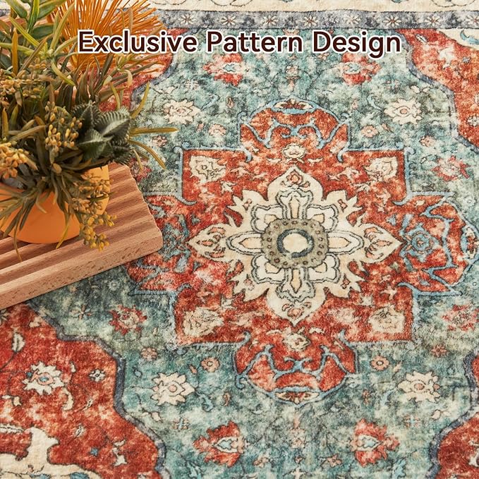 Topllen Entryway Rug - 2'x3' Boho Soft Low Pile Washable Area Rug, Non-Slip Small Rugs Indoor for Front Door Entrance Kitchen Bathroom, Vintage Carpet Stain Resistance (Rust, 2x3ft)