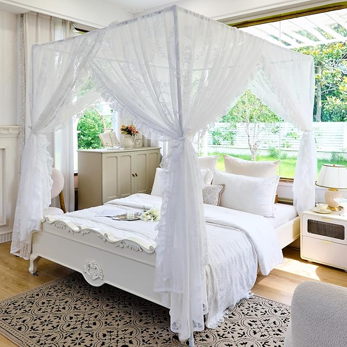 AIKASY Elegant Lace Princess 4-Poster Bed Canopy Mosquito Net - Romantic Wedding Bridal Bedroom Decor, Kids Room Bed Curtain for Women Adults - (White-2,King)