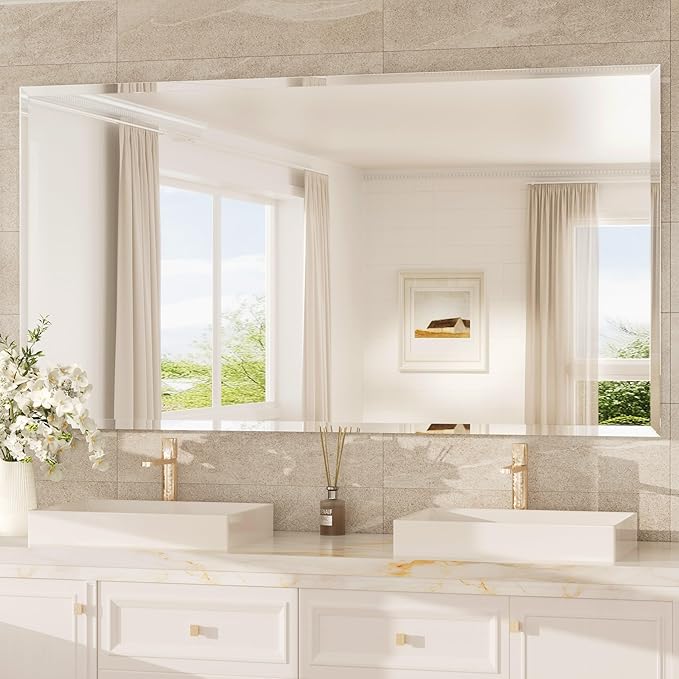 TokeShimi 60x36 Frameless Beveled Bathroom Mirror Rectangle, Tempered Rectangle Bathroom Vanity Mirror with 1" Beveled Edge, Shatterproof Modern Mirrored Wall Mounted for Living Room, Restroom