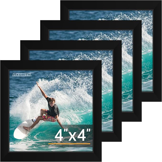 FIXSMITH 4x4 Picture Frame Set of 4, 4x4 Photo Frames with HD Plexiglass for Wall Hanging or Tabletop Display, Black