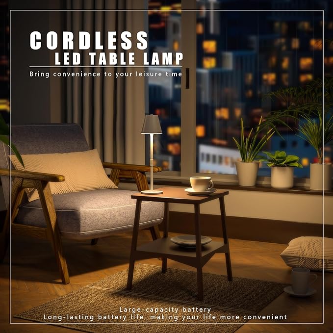 Modern LED Cordless Table Lamp, 4000mAh Rechargeable Battery, 3 Level Brightness Night Light, Metal Shell, Minimalist Design, for Couples Dinner/Coffee Table/Restaurant/Bedroom, White