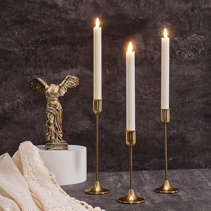 Candlestick Holders, Taper Candle Holders Set of 3, Gold Vintage Candle Sticks Holder Decor for Table Centerpiece, Fireplace Mantel, Weddings & Housewarming Décor with Gift Box
