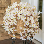 Ivydale 2 PCS Artificial Fall Hanging Flowers Fake Petunias Outdoor, Silk Faux Morning Glory Flowers with Eucalyptus Leaves,UV Resistant Realistic Mums Plants Vines for Home Garden Decor (White)