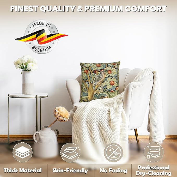 Charlotte Home Furnishings Throw Pillow Covers, Decorative Boho Pillow Covers for Couch, Living Room, Black Woodpecker Square Cushion Cases 18x18 in, European Cotton Jacquard Woven, Cozy Bedroom Decor