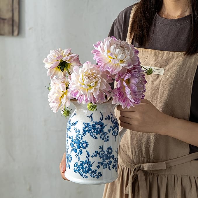 Blue and White Pitcher Vase, 8 Inch Vintage Chinoiserie Ceramic Flower Vase, Rustic Retro Ice Cracked Antique Porcelain Vases for Home Farmhouse Table Centerpieces Shelf Decor