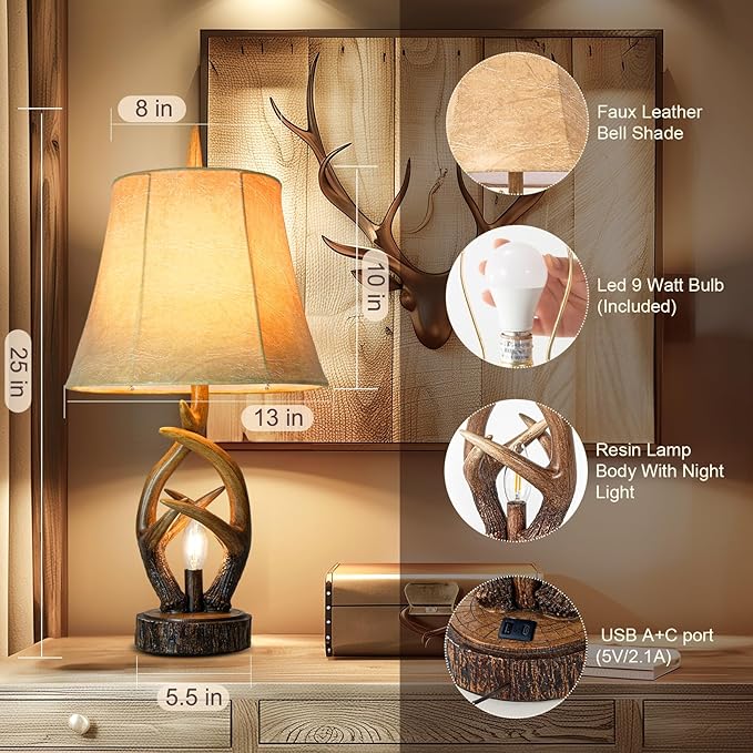 Scenekoy Rustic Farmhouse Antlers Bedside Table Lamp Set of 2 with Nightlight Dual USB Ports Leather Soft Bell Shade Brown Finish nightstand Lamp Decor for Living Room Bedroom Office House Hotel