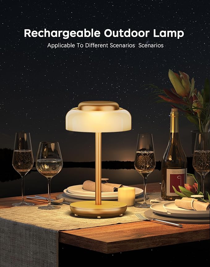 QiMH Battery Operated LED Table Lamp, 5000mAh Rechargeable Cordless Lamp Set of 2, Stepless Dimmable Touch Control, Small Waterproof Desk Night Light for Living Room, Bedroom, Outdoor Bar (Gold)