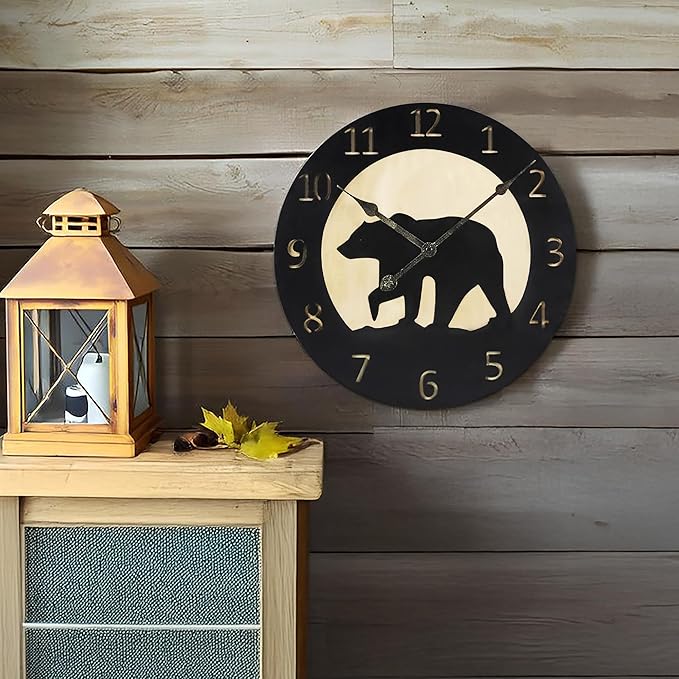 Young's Inc Wooden Mountain Time Wall Clock with Bear - 12" W x 12" H - Farmhouse Living Room Decor - Rustic Wall Clock