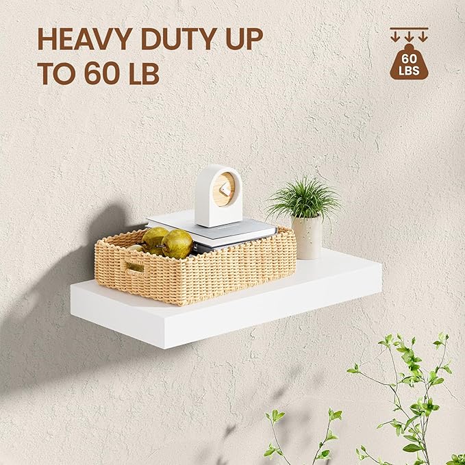 Heimlove White Floating Shelves for Wall,2 Packs 16 inches Natural Pine Solid Wood Bathroom Shelf Over Toilet Decor and Storage 8 inches Deep for Kitchen Bedroom Office & Living Room Wall Decor