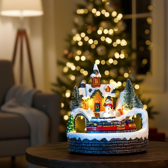 Animated Musical Christmas Village Figurines - Church Building and Snowman Statues with Rotating Train, LED Lights and Music - Battery & USB Powered Xmas Gifts and Festive Home Collection Decorations