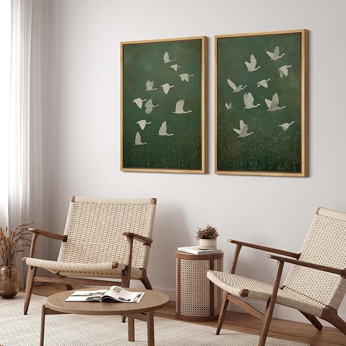 SIGNFORD Framed Canvas Print Wall Art Set Flight of Cranes Elegant Birds in Soft Green Hues Illustration Modern Art Decorative Nordic Nature for Living Room, Bedroom, Office - 24"x36"x2 Natural