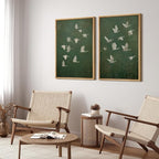 SIGNFORD Framed Canvas Print Wall Art Set Flight of Cranes Elegant Birds in Soft Green Hues Illustration Modern Art Decorative Nordic Nature for Living Room, Bedroom, Office - 16"x24"x2 Natural