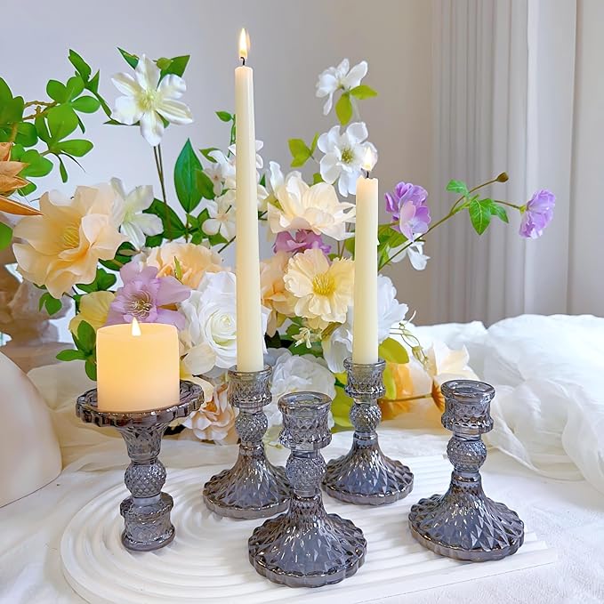 Glass Candlestick Holder,Striped Taper Candle Holders,Set of 6 Candle Stand for Table Centerpieces, Home Decor,Weddings,Festival and Parties (Grey Dimond Pattern)