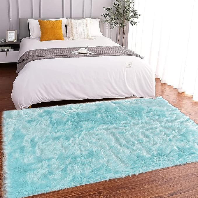 Latepis High Pile Faux Fur Area Rug, 4x6 ft, Light Blue, Living Room, Bedroom Decor, Washable, Fluffy, Luxury Home Decor