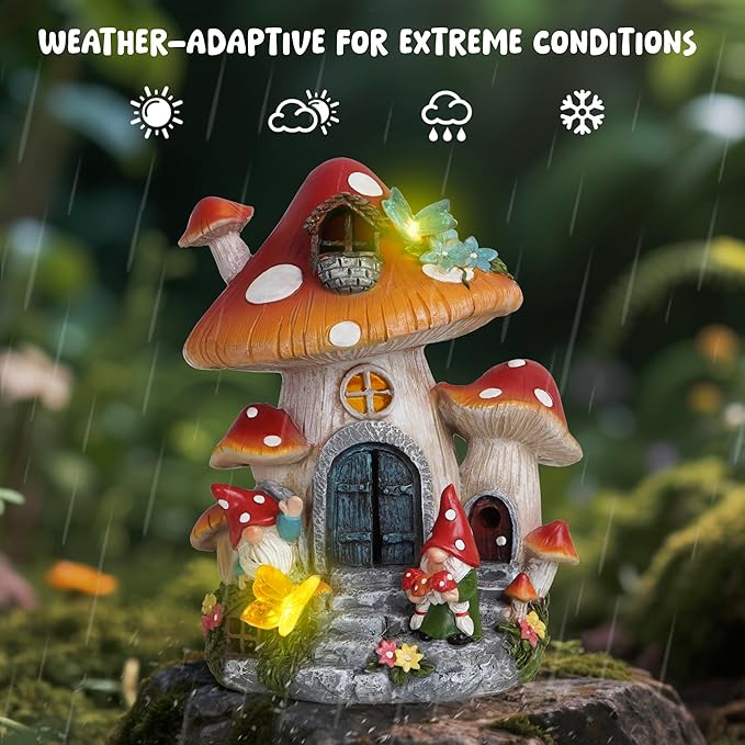 Hodao Spring Garden Mushroom Gnomes Decorations Mushroom House Ornaments Decor for Porch, Garden Yard Spring Lighting House for Outdoor Decor Birthday Gifts for Mom, Grandma,Women
