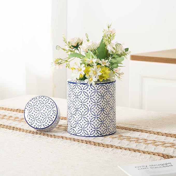 Ceramic Decorative Jars with Lid, Blue and White Ginger Jar for Home Decor, Cylindrical Vase Decor, 7.7x5.4 Inch, Blue Line