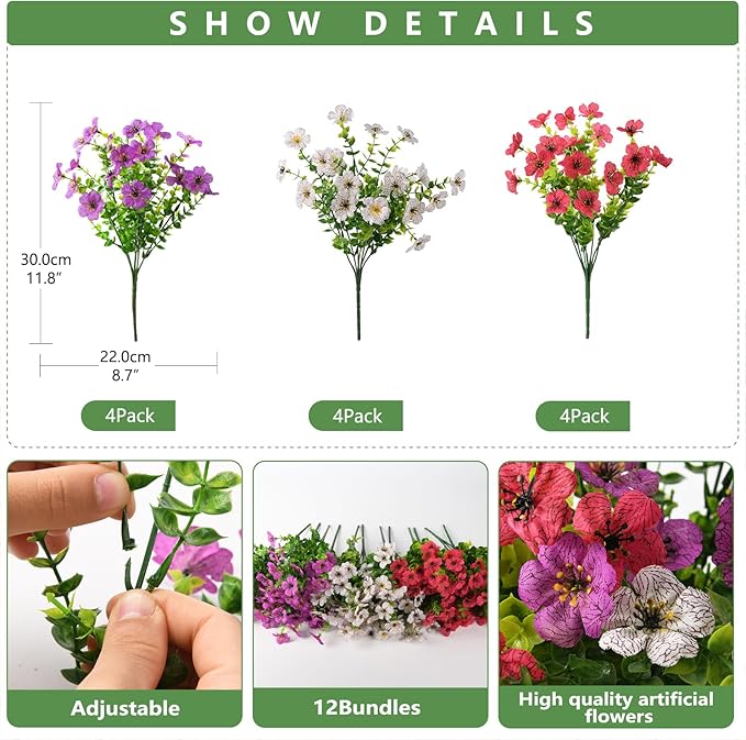 INQCMY Artificial Flowers for Outdoors Faux Plants Fake Flowers Spring Summer Decoration,12 Bundles Faux Silk Colorful Daisy Realistic UV Resistant for Outside Home Planter Window Porch Patio Yard