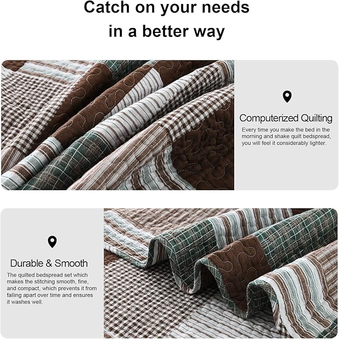 PANGUSHAN 100% Cotton Quilt Set Queen Size, Patchwork Plaid Queen Quilt Bedding Set Bedspreads, Farmhouse Lightweight Comforter Reversible Quilt, Brown/Green Bed Spread for Queen Bed, 3 Pieces