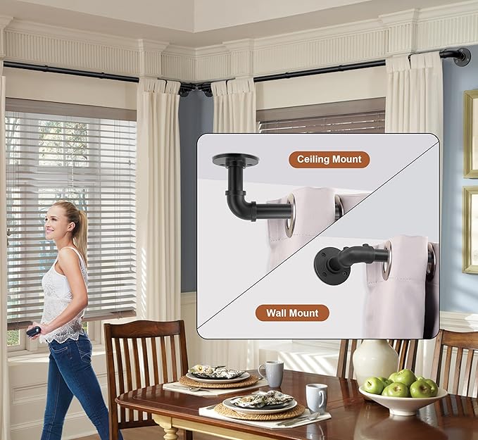 Black Industrial Curtain Rods for Windows 48 to 84, Wrap Around Blackout 1 Inch Heavy Duty Curtain Rods,Rustic Pipe Adjustable Drapery Pole 36-72 Inch