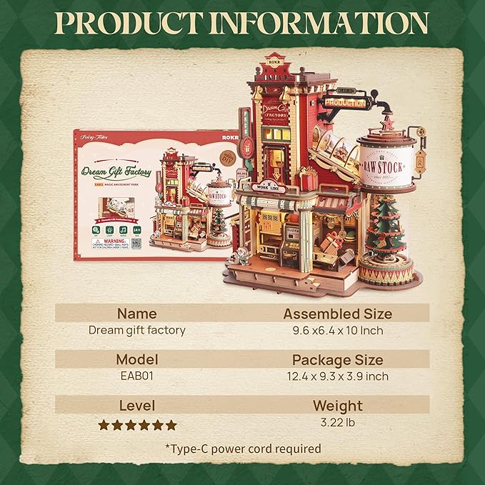 ROKR 3D Puzzle for Adults Christmas Style Dream Gift Factory Wooden Model Kit Luminous Factory DIY Dollhouse Kit Building with Music, Lights and 5 Elves for Adults