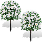 Artificial Boxwood Topiary Ball Trees with Ground Spikes UV Resistant Faux Greenery Shrubs Fake Shrubs for Outdoors, Realistic Faux Plants Bushes for Garden Porch Yard Patio Decor (White)