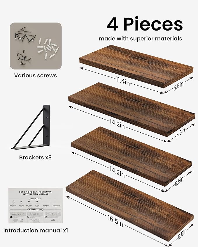 BAYKA Wall Shelves for Bedroom Decor, Floating Wall Shelves for Living Room Kitchen Storage, Wall Mounted Rustic Wood Floating Shelves for Kids Books, Corner Shelf for Bathroom(Rustic Brown，Set of 4)
