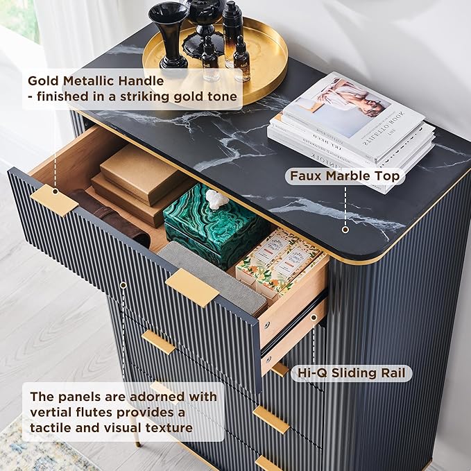 T4TREAM Fluted 5 Drawers Dresser for Bedroom, 48" Tall Modern Dresser Chest of Drawers, Gold Accents, Fluted Fronts, Wood Storage Dressers Organizer for Bedroom, Living Room, Dark Grey