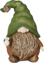 Alpine Corporation QWR1442 Outdoor Gnome with Green Hat Holding a Flower for Garden, Patio, and Lawn, 10" H, Multicolor