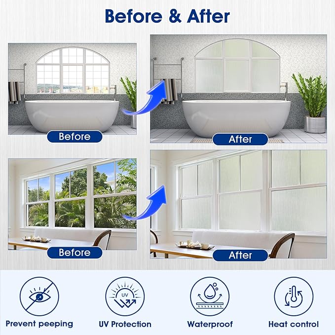 Privacy Window Film Static Cling, Frosted Glass Decorative Window Film with 96% UV Blocking, Non-Adhesive Removable Window Cling for Home Office Bathroom, 17.5 x 78.7 Inches, Pure