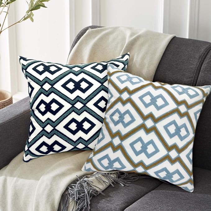 Alysheer Embroidered Decorative Throw Pillow Cover 18"x 18" Set of 2, Classic Boho Geometric Embroidery Pattern Cotton Rectangular Cushion Case for Sofa Couch Living Room Bedroom (Blue Khaki)