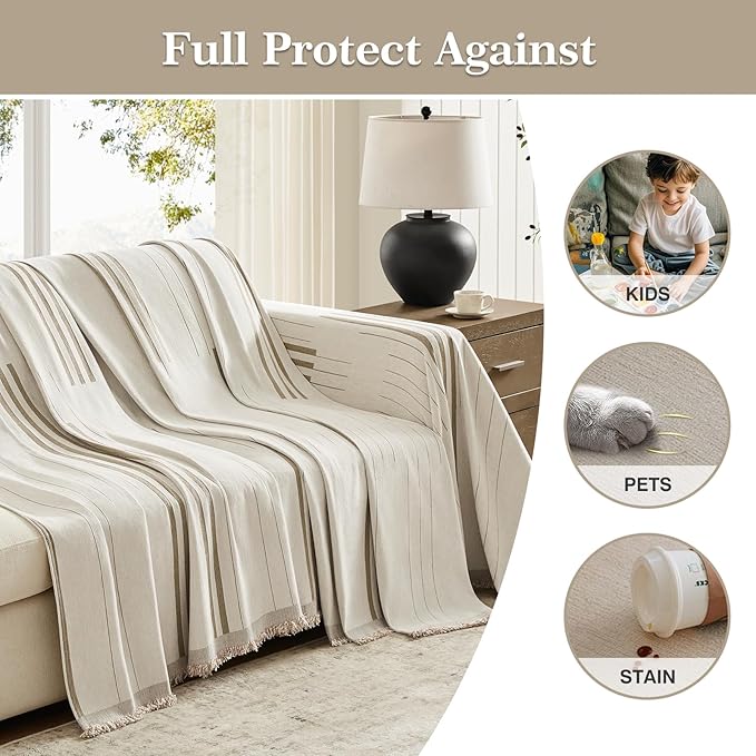 Boho Couch Cover Washable Sectional Couch Covers for Dogs Reversible Sofa Slipcover for 2 or 3 Cushion Couch Pet Friendly Furniture Protector (2# Khaki, 71" x 134")