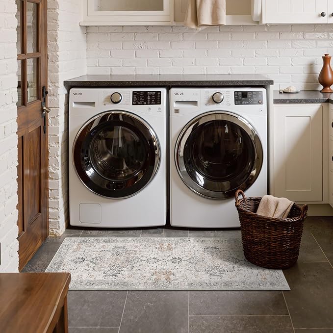 GENIMO Runner Rug 2x4, Non Slip Hallway Runner Rugs, Low Pile Lightweight Machine Washable Vintage Rug for Hallway, Entryway, Bedroom, Kitchen and Corridor,Taupe