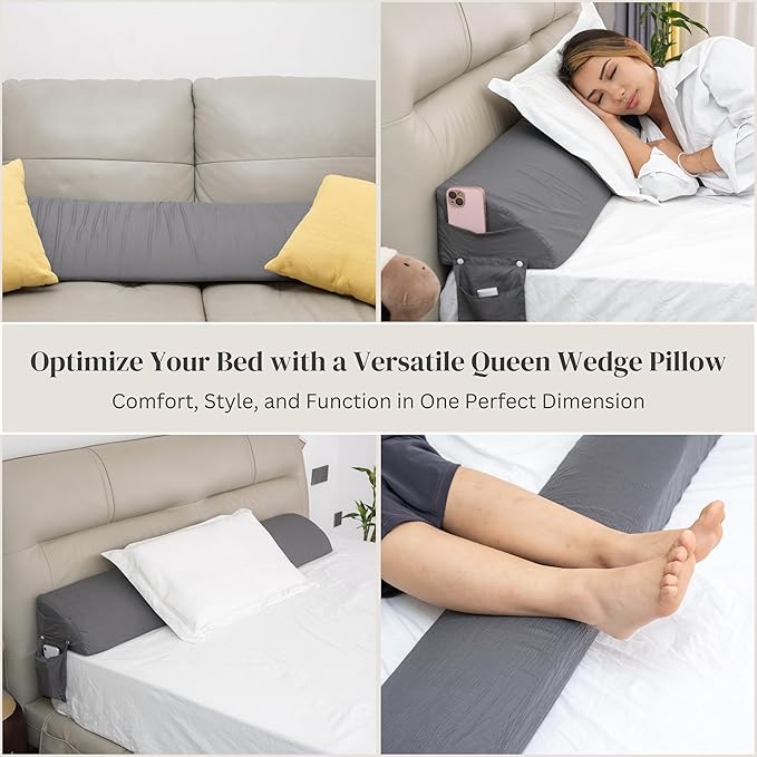 Wedge Pillow Headboard | Soft Headboard Pillow with 2 Side Packets, Triangle Pillow Wedge for Headboard, Bed Gap Filler Headboard Wedge Pillow, Ideal Bed Wedge Pillow for Headboard - Queen