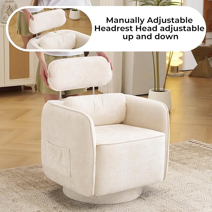Modern 360° Swivel Accent Chair with Adjustable Headrest, Chenille Accent Chair for Living Room, Vanity Chair for Makeup，Swivel Barrel Chair with Lumbar Pillow, Comfy Barrel Armchair, Beige