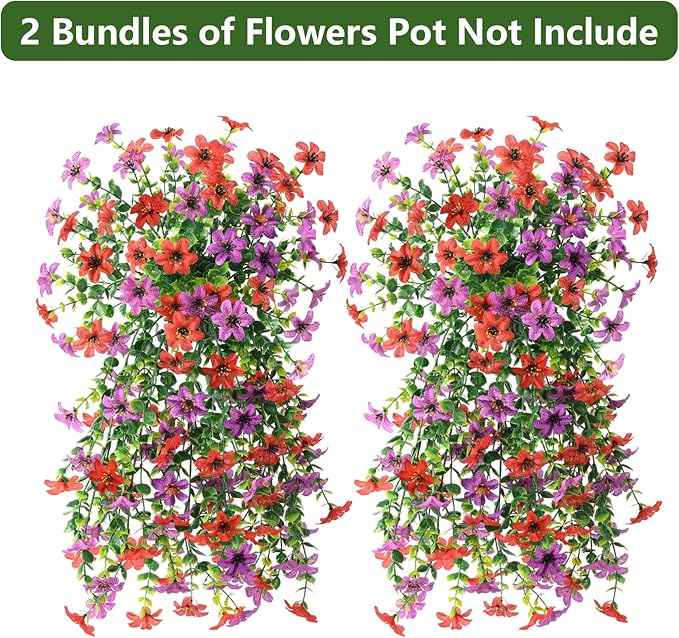 Artificial Fake Flowers Plants for Outdoor Spring Summer Decoration, 2 PCS Faux Silk Daisy Flower UV Resistant Look Real for Outside Patio Porch Garden Balcony Home Summer Decor(Red Purple)